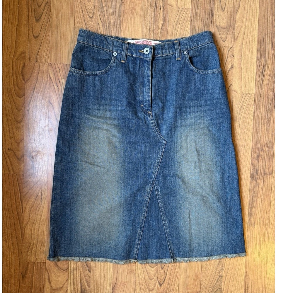 Essenza Blue Cotton Denim Knee Length Straight Skirt, Button, Pockets, 44